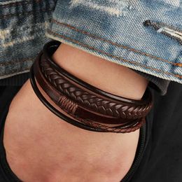 Other Bracelets 23cm Genuine Leather Bracelets Men Stainless Steel Multilayer Braided Rope Bracelets For Man Jewelry BraceletL240415