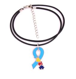 New Arrival Autism Awareness Identification Necklace Hope Puzzle Piece Pattern Enamel Ribbon Charm Pendant ID Necklace8920920