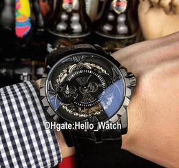 New Excalibur 46 PVD Black Steel Case RDDBEX0425 Automatic Mens Watch Black Skeleton Dial Leather Strap Gents Watches HelloWatch 9561714