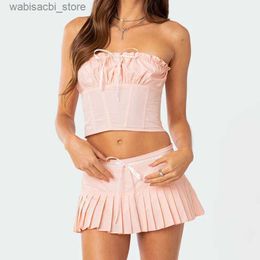 Sexy Skirt hirigin Y2K Outfits Sweet Cute Bow Strapless Tube Crop Tops Bandeau+Pleated Mini Skirt Fairycore Aesthetic 2 Pcs Set Streetwear L49