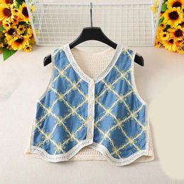 Women's T Shirts Women Embroidery Flower Button Up Crop Top Holiday Crochet Sleeveless Cardigans