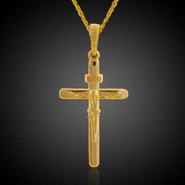 Classic Jewelry Jesus Cross Pendant 18k Yellow Gold Filled Crucifix Pendant Chain2988