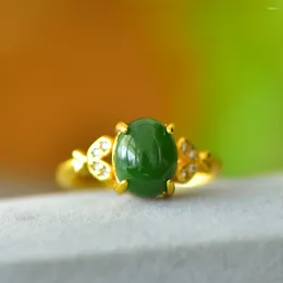 Cluster Rings Green Gemstone Adjustable Ring Natural Hetian Jade Jewelry Woman Rhinestone Copper Inlaid Jewellery Women Fine