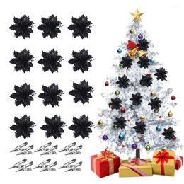 Decorative Flowers 12PCS Glitter Black Artificial With Clips Christmas Tree Ornaments Fake Flower Pendant Xmas Party Home Decorations