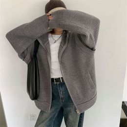 Design Fake Two-piece Hooded Zippered Knitted Cardigan in Autumn Winter, New Medium and Large Loose Thick Sweater Jacket for Women