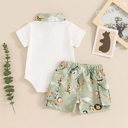 Clothing Sets Baby Boy 2 Piece Summer Set Animal Print Lapel Neck Short Sleeve Romper Elastic Waist Cargo Shorts Infant Toddler