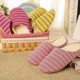 Slippers Women House Shoes 2024 Soft Striped Indoor Mute Cotton Non-Slip Warm Plush Unisex Home Floor Slipper