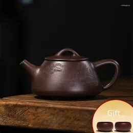 Teaware Sets Real Yixing Zisha Tea Pot Handmade Carved Chinese Kungfu Shipiao Marked 14 Infuser Holes Original Ore Purple Grit Cups