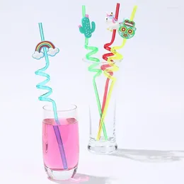 Drinking Straws 4Pcs/set Cartoon Plastic Spiral Children Use For Birthday Party Bar Club Juice Wine Cup Decor