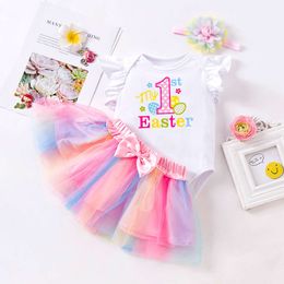 Primavera/estate Nuovo 2024 Easter Egg Baby Set maniche volanti Sweetheart Rainbow Princess Abito set da tre pezzi