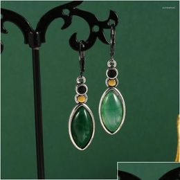 Dangle Chandelier Earrings Vintage Black Colour Metal Leaf Green Stone Earring Marquise Cut Enamel Plant Drop For Women Jewelr Delivery Otrhy