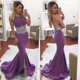 Sexy Halter Two Piece Prom Dresses Long 2020 High Slit Purple Blue Stain Applique Backless Mermaid Prom Dress Robe De Bal Longue6745087