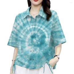 Women's Blouses Breathable Women Top Stylish Tie Dye Print Shirt With Drawstring Design Casual Lapel Short Sleeve Double For Summer