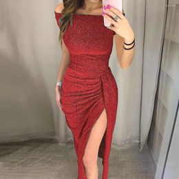 Casual Dresses Women Sequin Wrap Hip Dresss Sexy Off Shoulder High Slit Bandage Corset Bodycon Eveing Party Formal Gown Ruffle Vestidos