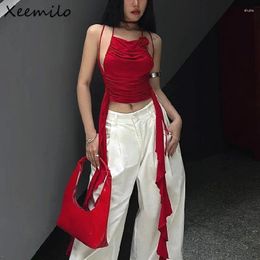 Women's Tanks Vintage Red Off Shoulder Tank Top Y2K Chic 3d Flower Ruffles Backless Crop Tops Summer 2024 Sexy Pleated Halter Camisole