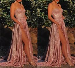 Rose Gold Sequins Prom Dresses Sparkly Sequins High Split Sweetheart Neckline Floor Length Custom Made Evening Party Gown Plus Size Formal Occasion Wear