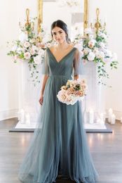 Classy Long Blue Bridesmaid Dresses With Ribbon A-Line Tulle V-Neck Formal Party Gown Floor Length Wedding Guests Dresses for Women