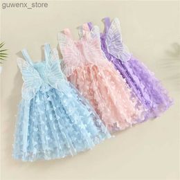 Flickans klänningar småbarn barnflicka prinsessan klänning sommar ärmlös tyllklänning med fjärilsdekorationsbruttyddag brudtärklänning y240415
