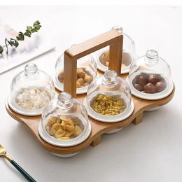 Plates Japanese-style Ceramic Household Dried Fruit Snack Plate Creative Bowl Compartment With Lid Platter Tableware