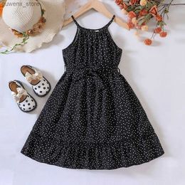 Girl's Dresses Girls Summer New Sleeveless Solid Lace Up Dress Y240415