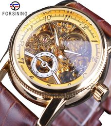 Forsining Classic Royal Retro Luxury Series Golden Case Hollow Skeleton Dial Brown Leather Mens Automatic Watch Top Brand Luxury5432223