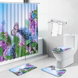 Shower Curtains Flower Butterfly Scenery Curtain Farm Truck Sunflower Tulip Cactus Non-Slip Carpet Toilet Cover Rug Mat Bathroom