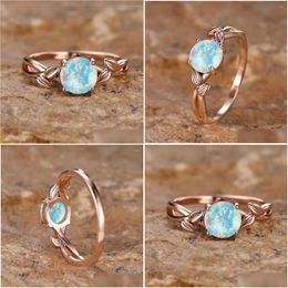 Rings White Fire Opal Round Stone Ring Antique Branch Leaf Thin For Women Rose Gold Colour Jewellery Bridal Engagement Drop Delivery Dhl7A