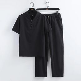 Arrival Mens Cotton and Linen Short Sleeve T-shirt Shorts Pant Set Solid ShirtTrousers Home Suits Male Size S-3XL 240403