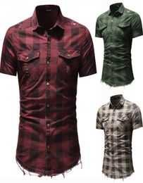 Men Plaid Shirts Short Sleeve Slim Fit Turn Down Collar Shirts with Pockets 3 Colors Summer Ripped Denim Shirt Plus Size6159556