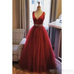 Dark Red Simple V Neck Prom Dresses A Line Beaded Waist Sequins Floor Length Long Formal Evening Ball Gown vestido Custom Made