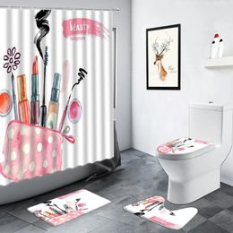 Shower Curtains 4pcs Fashion Set Lipstick Girl Woman Home Bathroom Decor Carpet Non-slip Rug Toilet Lid Cover Door Mat Bath Mats