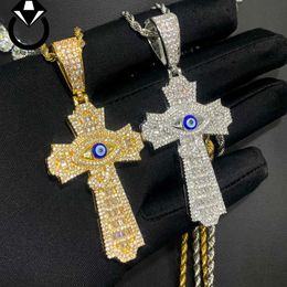 NEW Arrived Hip Hop Men Shiny 5A CZ Jewellery Gold Silver Plated Lucky Blue Turkish Eyes Cross Pendant Necklace