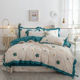 Bedding Sets Duvet Cover Korean Style Floral Four-Piece Cotton Sanding Lace Ruffle Single Double Standard Set