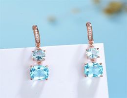 Kuololit 585 Rose Gold Hoop Earrings for Women Solid 925 Sterling Silver Blue Aquamarine Gemstone Luxury Jewerly Engagement 2203311107366