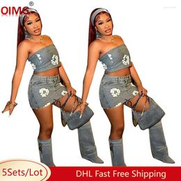 Work Dresses 5 Wholesale Denim Skirt Sets Women Summer Strapless Crop Top Bodycon Mini Two Piece Casual Outfits Bulk Clothes 10920