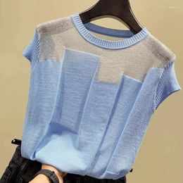 Women's Blouses Korean FashionO-neck Short Sleeve Pullover Thin Tops Blusas Mujer De Moda Women Blouse Patchwork Ice Silk Knitted 8796