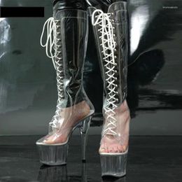 Boots 2024 Women Crystal Knee Fetish Pole Dance Shoes Platforms High Heels Men Cosplay Botas Transparent PVC Pointed Toe 15cm