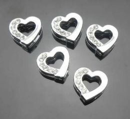 100pcslot 8mm half rhinestones silver heart slide charms fit for 8mm diy leather wristband bracelet DIY Jewellery findings1910721