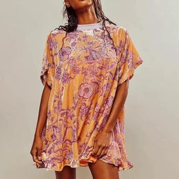 Casual Dresses Imcute Women Vintage Velvet Mini Dress Short Sleeve Round Neck Fashion Floral Printed Summer Trendy Flowy