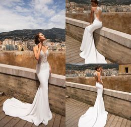 Sexy Berta Mermaid Wedding Dresses Sheer Jewel Neck Lace Appliqued Beads Country Bridal Gowns Sweep Train Backless Beach Wedding D1739048