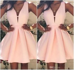 2017 Pink Short Cocktail Dresses V neck Backless Stain Mini Stain Ruffles Prom Party Dress Custom Made Special Occasion G6921109