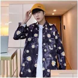 Mens Casual Shirts Sunflower Shirt With Print Korean Clothes Fashion 2022 Man Slim Fit Social Harajuku Long Sleeve Drop Delivery Appar Dhy6O