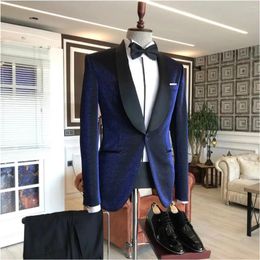 Men's Suits Shinny Sequins Men Custom 2 Pieces Jacket Black Pants One Button Shawl Lapel Business Wedding Groom Terno Masculino Slim