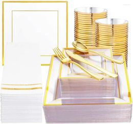 Disposable Dinnerware 350Pcs Clear Plastic Plates With Gold Trim - For 50Guests Include 100 Square