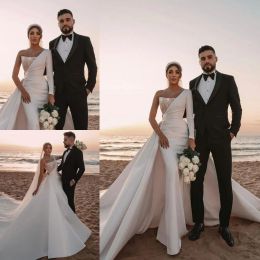 2024 Mermaid Wedding Dresses One-Shoulder Long Sleeve Lace Satin Bridal Gowns Custom Made Lace-up Back Detachable Train Wedding Dress