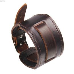 Other Bracelets Trendy Men Wide Genuine Leather Bracelet Brown Wide Cuff Bangles Vintage Punk Wristband Men Jewelry Diy Bracelets AccessoriesL240415