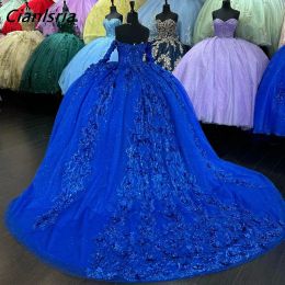 Royal Blue Long Sleeve Beading Crystal Ball Gown Quinceanera Dresses 3D Flowers Appliques Lace Corset Vestidos De 15 Anos