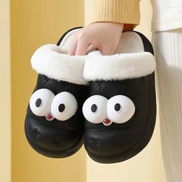 Slippers Waterproof Women Home Impish Eye Plush Cotton Soft Fluffy Non-slip Sole Flat Slipper Warm Winter Couple Indoor Shoes