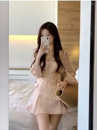 Work Dresses French V Neck Solid Colour Summer Chiffon Long Sleeve Blouse Skirt Two-Piece Set Elegant Female Office Holiday