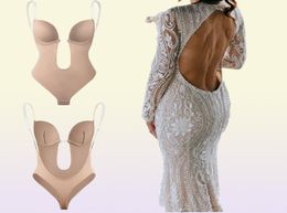 Bodysuit Shapewear Deep VNeck Body Shaper Backless U Plunge Thong Shapers Waist Trainer Women Clear Strap Padded Push Up Corset2863697